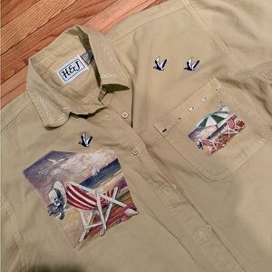 Women’s Beige Button-Down Shirt glitter sparkle Beach Scene Size L grannycore